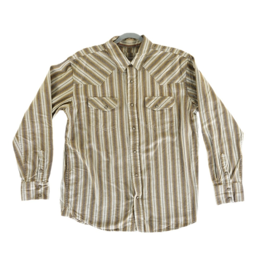 Blue Ranchwear Shirt Men's‎ Size Large Tan Brown Striped Western Pearl Snap